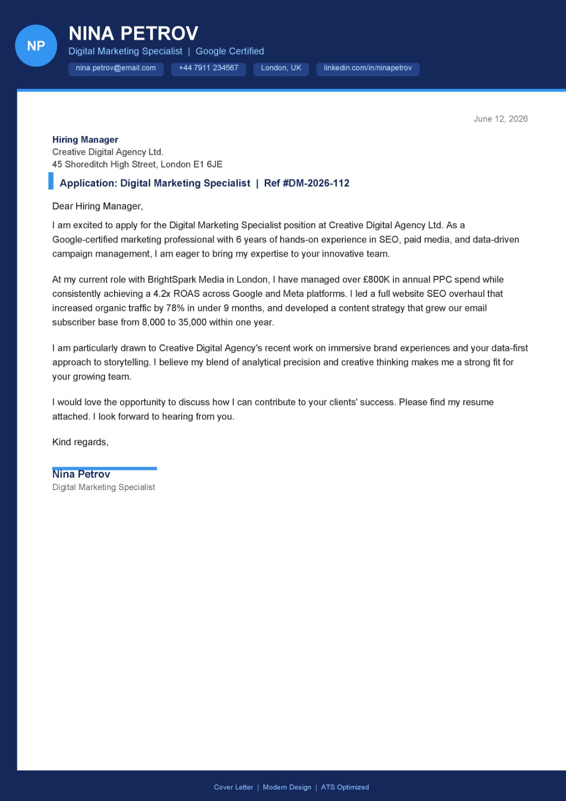 Professional Cover Letter Sample 2