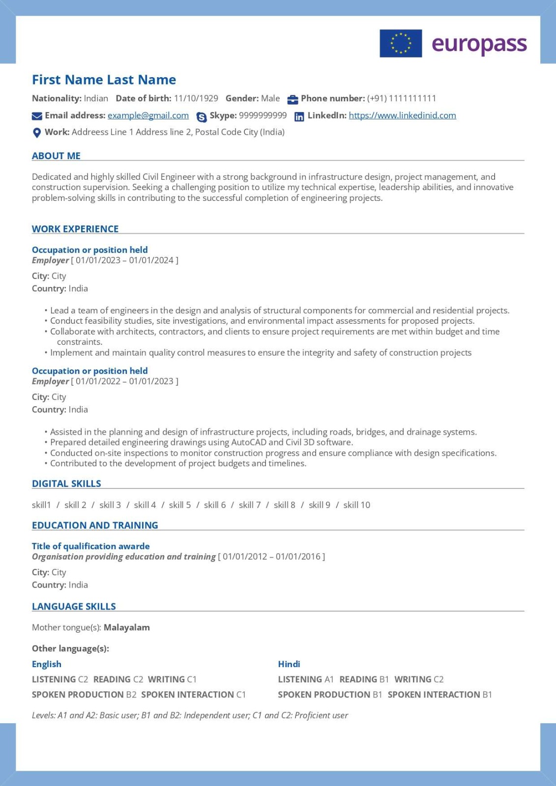Europass CV Sample 1
